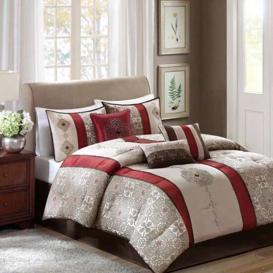 Hot Brand New Madison Park Blaine 7 Piece Jacquard Comforter Set Red