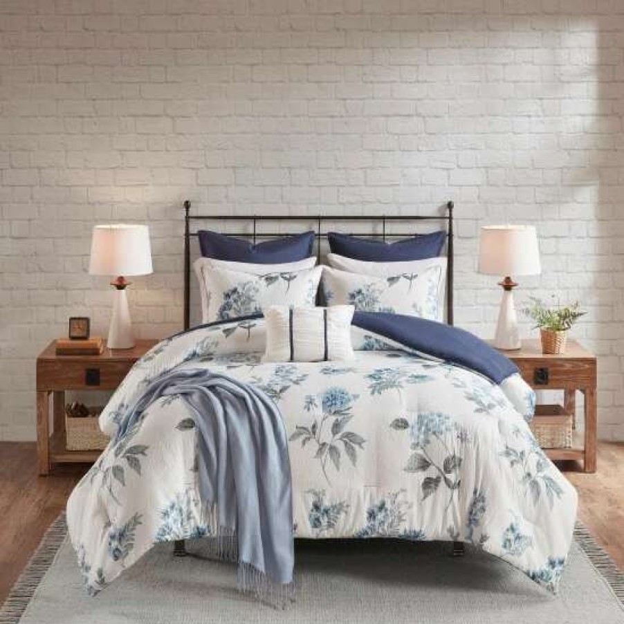 Clearance Promo Madison Park Monah Blue 7 Piece Printed Seersucker Comforter Set With Throw Blanket