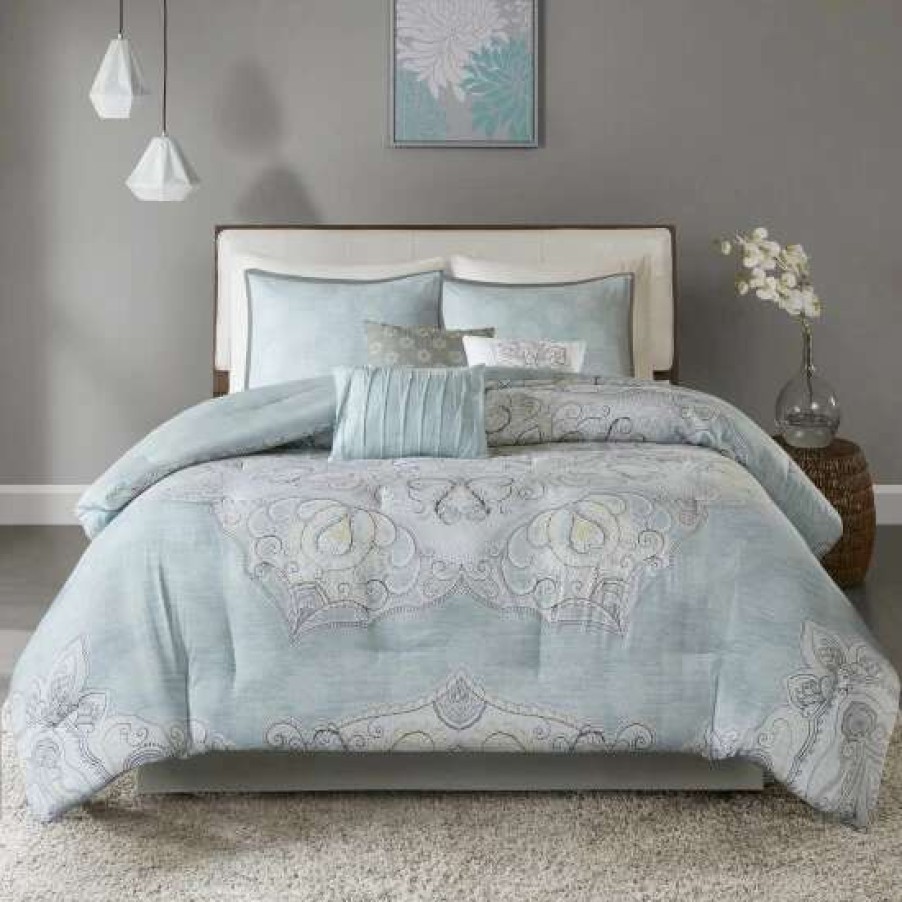 New Brand New Madison Park Joanna Seafoam Cotton Sateen 7-Piece Comforter Set