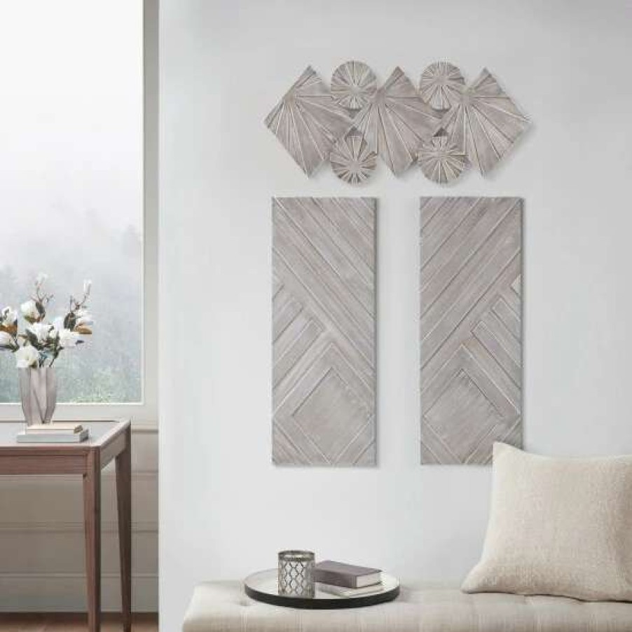 Online Budget Madison Park Ash Grey/ Silver Carved Wood 3Pc Set Wall Decor