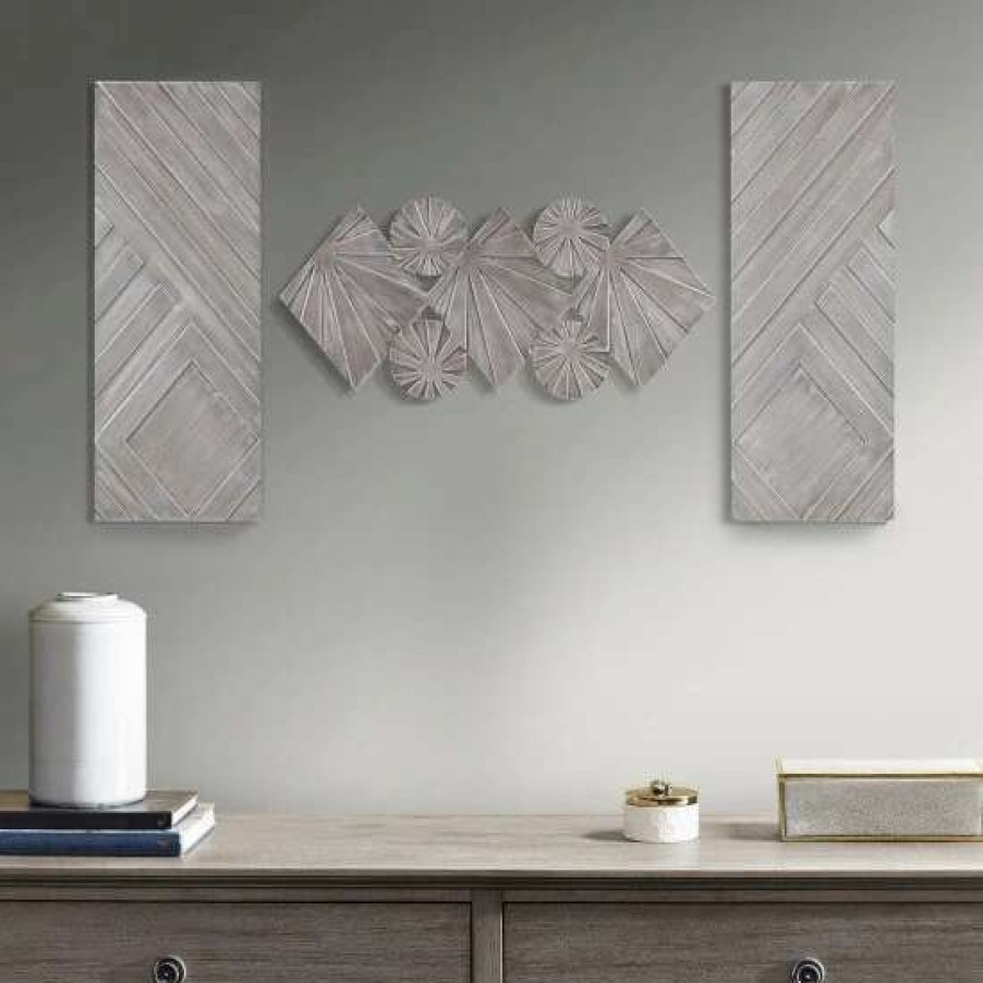 Online Budget Madison Park Ash Grey/ Silver Carved Wood 3Pc Set Wall Decor