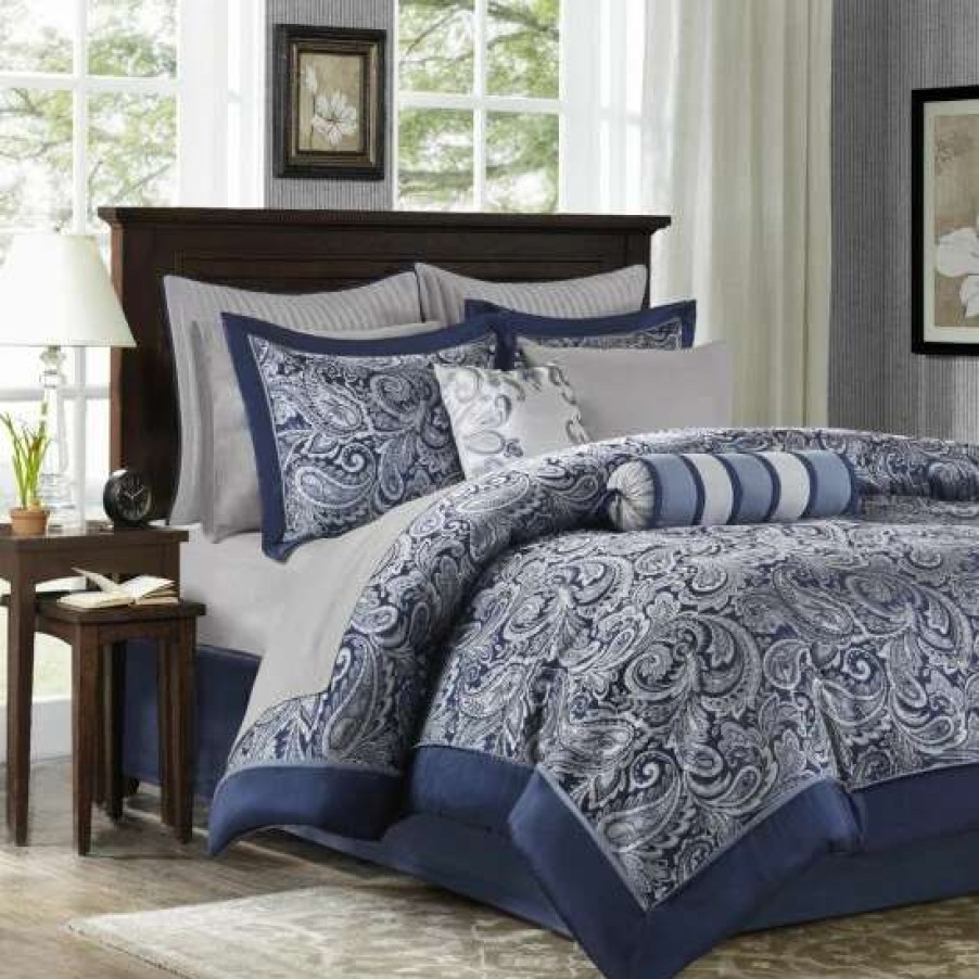 Best Hot Sale Madison Park Whitman Navy Paisley Jacquard 12-Piece Bedding Set