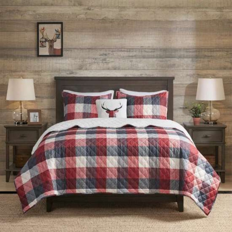 New Brand New Madison Park Meadow Red 4 Piece Printed Herringbone To Sherpa Reversible Coverlet Set