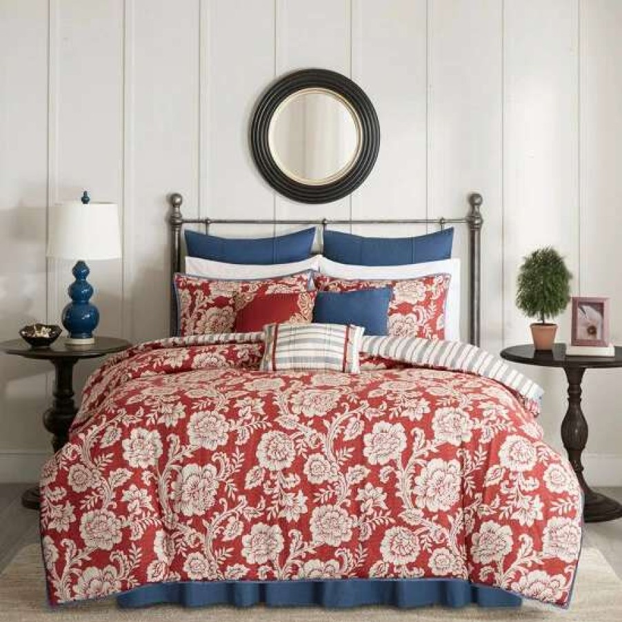 Clearance Flash Sale Madison Park Georgia Red Cotton Duvet Cover Set