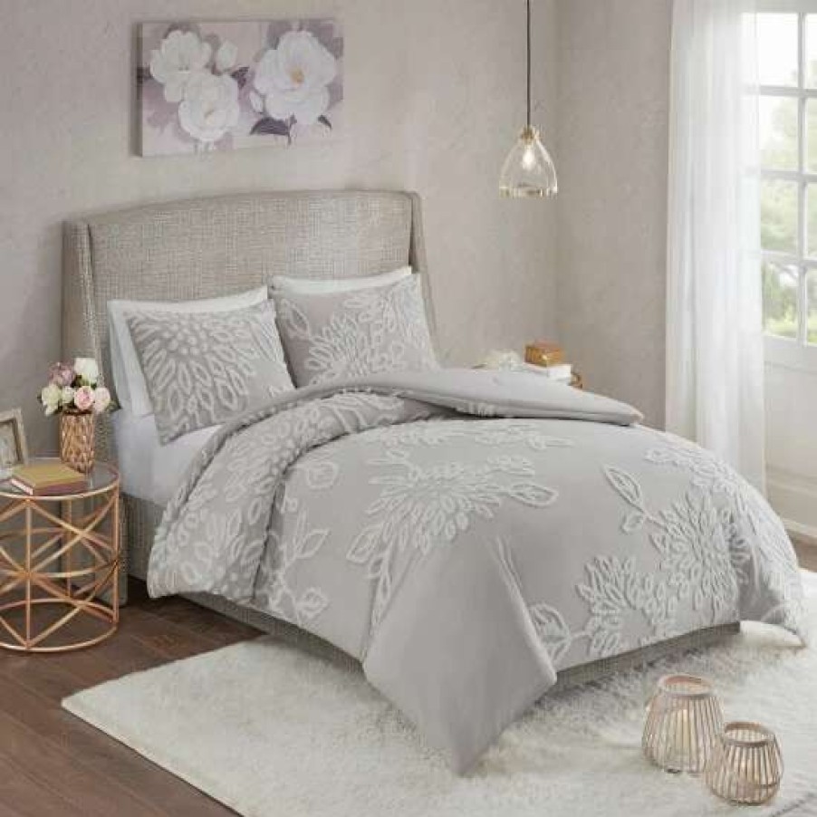 Best Buy Madison Park Pansy Tufted Cotton Chenille Floral Comforter Set Grey/White