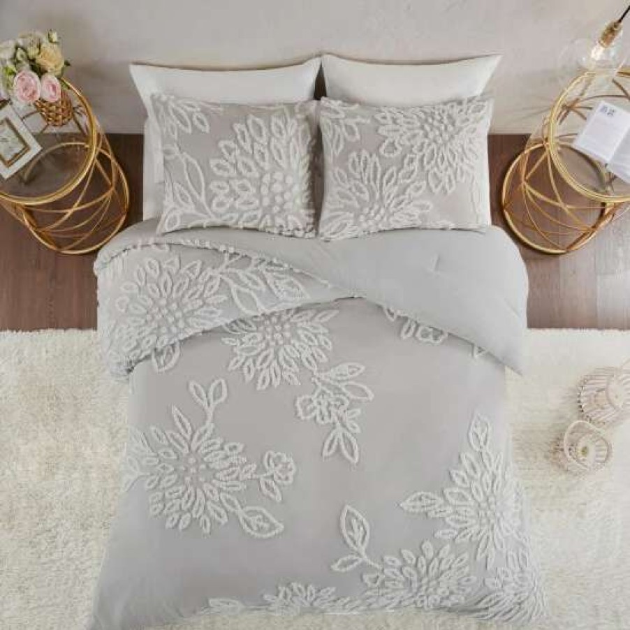 Best Buy Madison Park Pansy Tufted Cotton Chenille Floral Comforter Set Grey/White