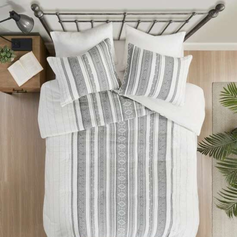 Wholesale Hot Sale Madison Park Ezra Gray Cotton Waffle Jacquard Duvet Cover Set