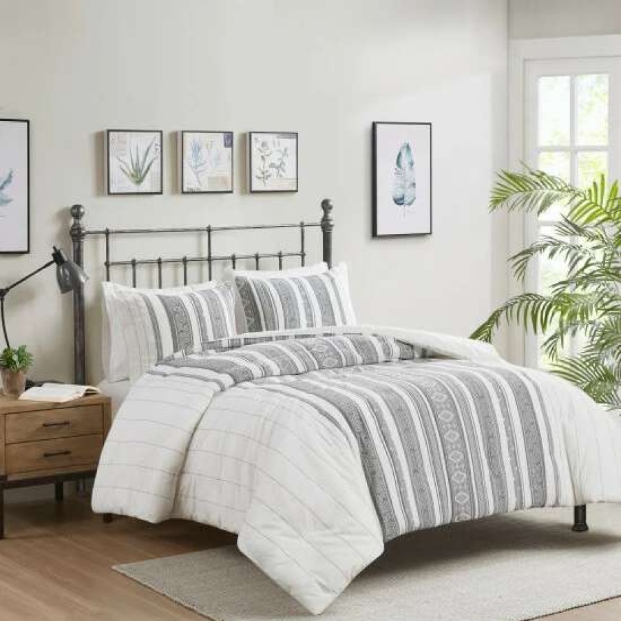 Wholesale Hot Sale Madison Park Ezra Gray Cotton Waffle Jacquard Duvet Cover Set