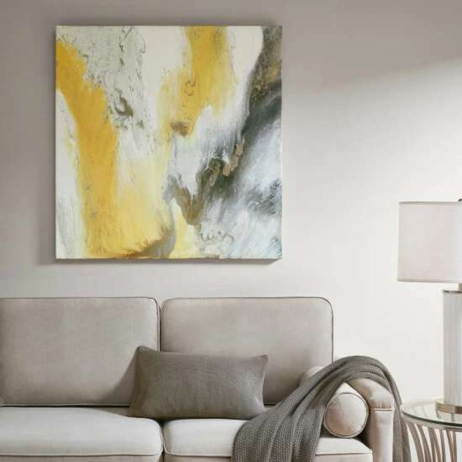 Clearance Brand New Madison Park Bliss Yellow Abstract Gel Coat Canvas With Silver Foil Embellishment