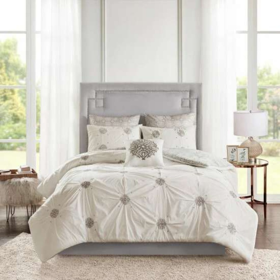 Hot Coupon Madison Park Edna 6 Piece Embroidered Cotton Reversible Comforter Set Ivory