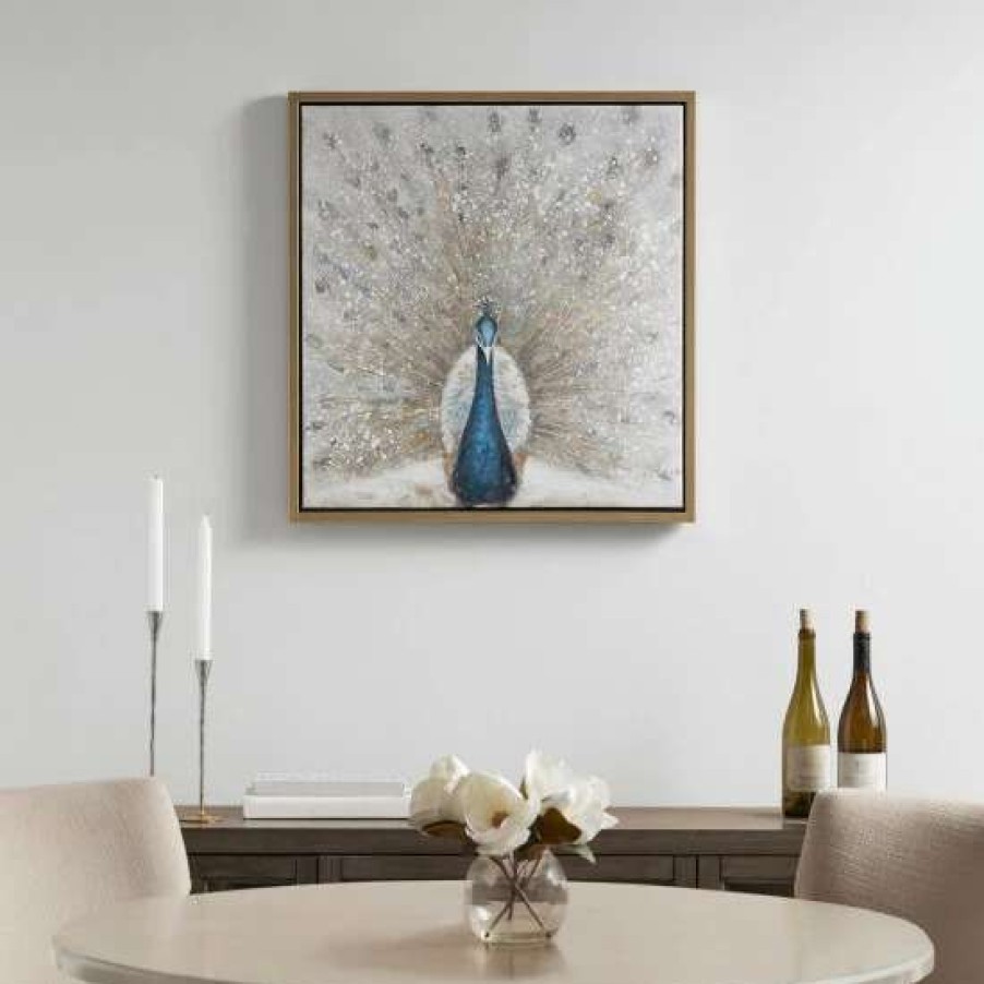 Hot Deals Madison Park Gilded Peacock Blue/ Neutral Framed Canvas With Gold Foil And Hand Embellishment