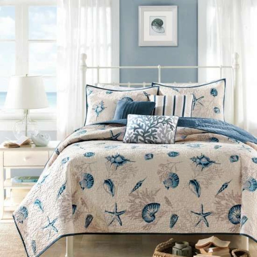 Clearance Discount Madison Park Nantucket Blue Microfiber Brushed Printed Coverlet Set