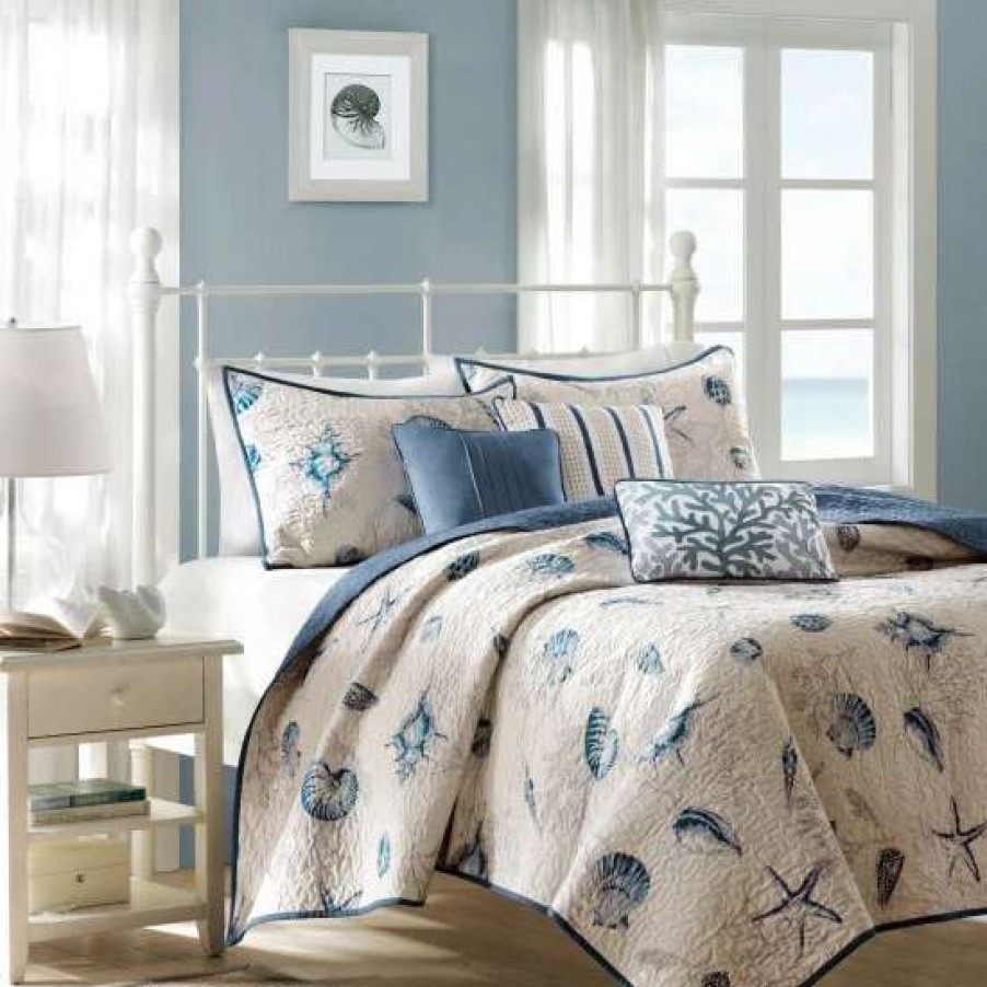 Clearance Discount Madison Park Nantucket Blue Microfiber Brushed Printed Coverlet Set