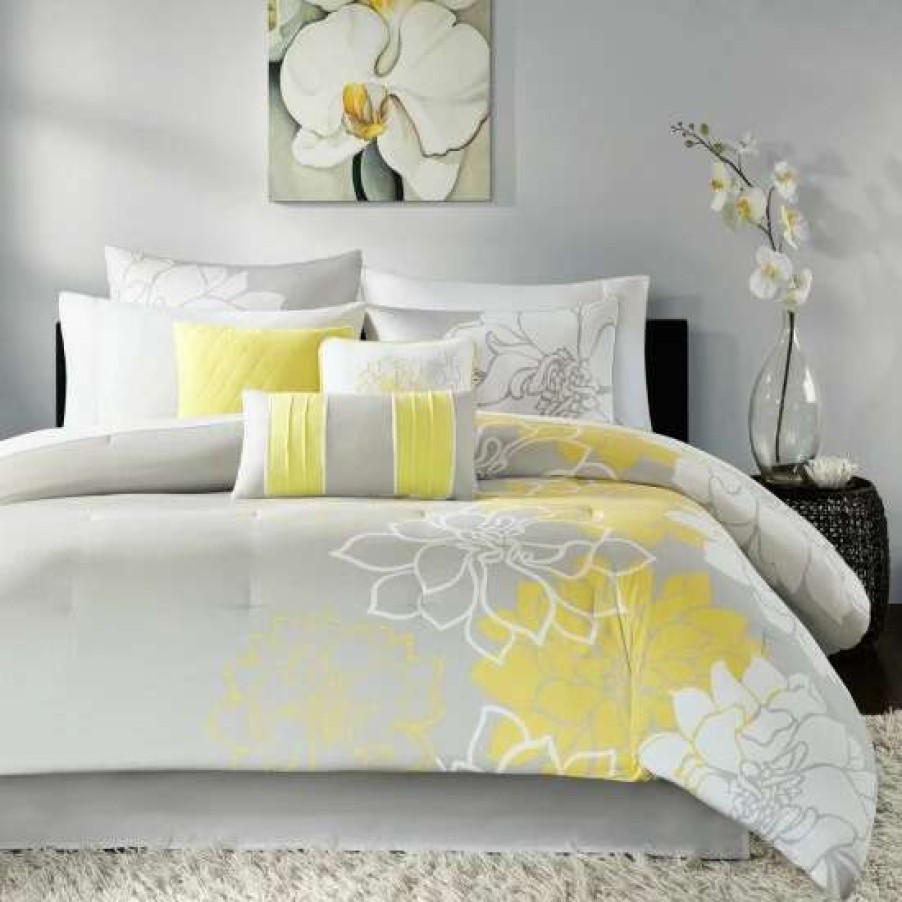 New Promo Madison Park Brianna Grey And Yellow Flower Printed Cotton Comforter Set