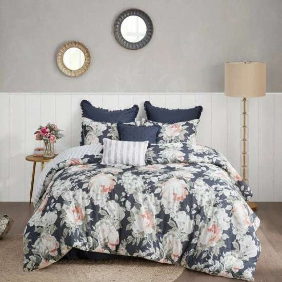 New Cheapest Madison Park Kalina Dark Blue 8 Piece Cotton Printed Reversible Comforter Set