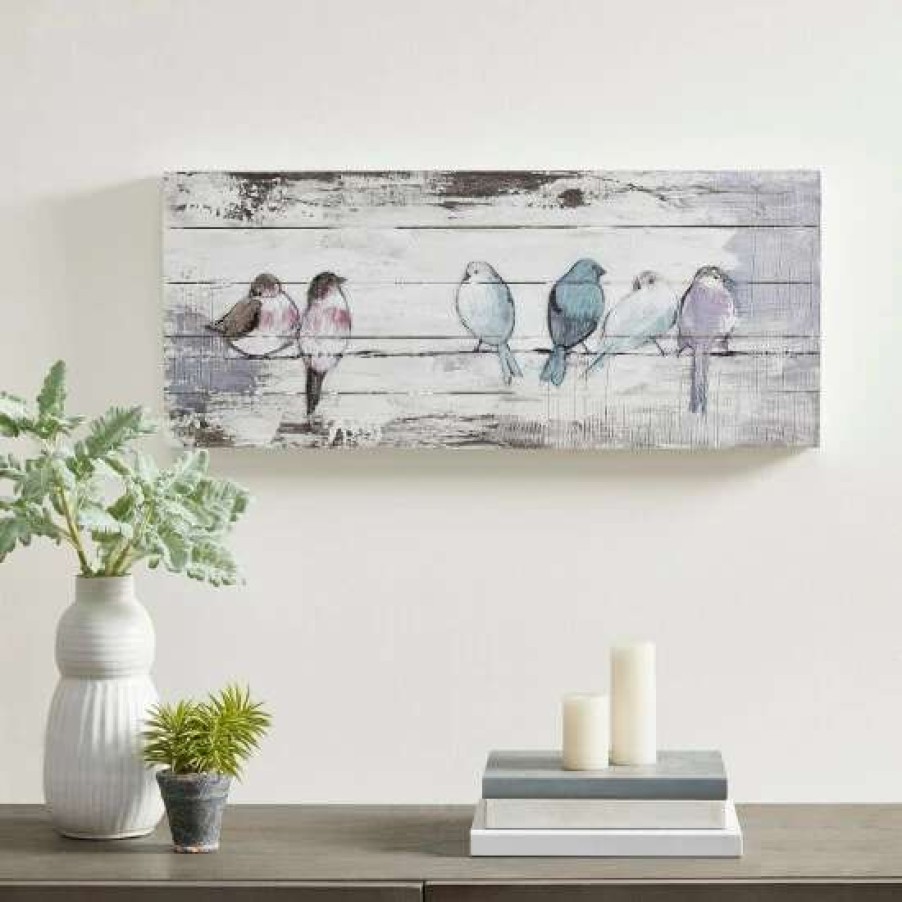 Hot Deals Madison Park Perched Birds White/Grey Hand Painted Wood Plank