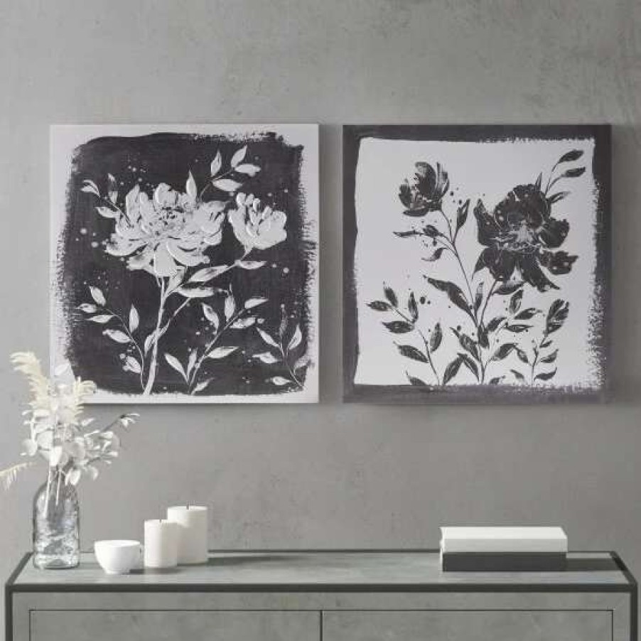 Best Brand New Madison Park Cassia Black/ White Floral Embellished Canvas 2 Piece Set