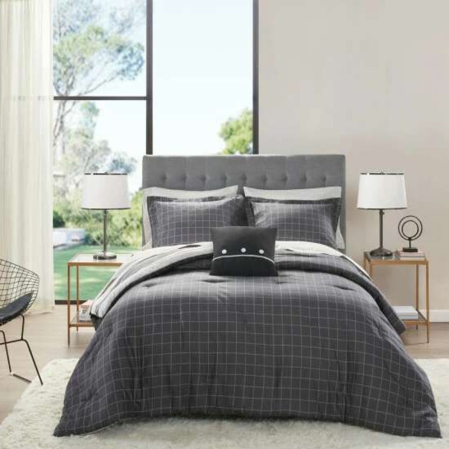 Wholesale Best Deal Madison Park Essentials Lydon Gray/Charcoal Reversible Complete Bedding Set