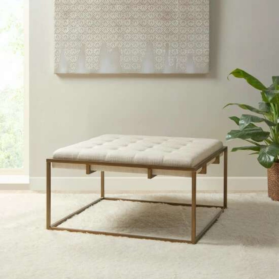 Online Coupon Madison Park Orrell Ivory Square Shape Tufted Upholstered Metal Base Ottoman/Coffee Table